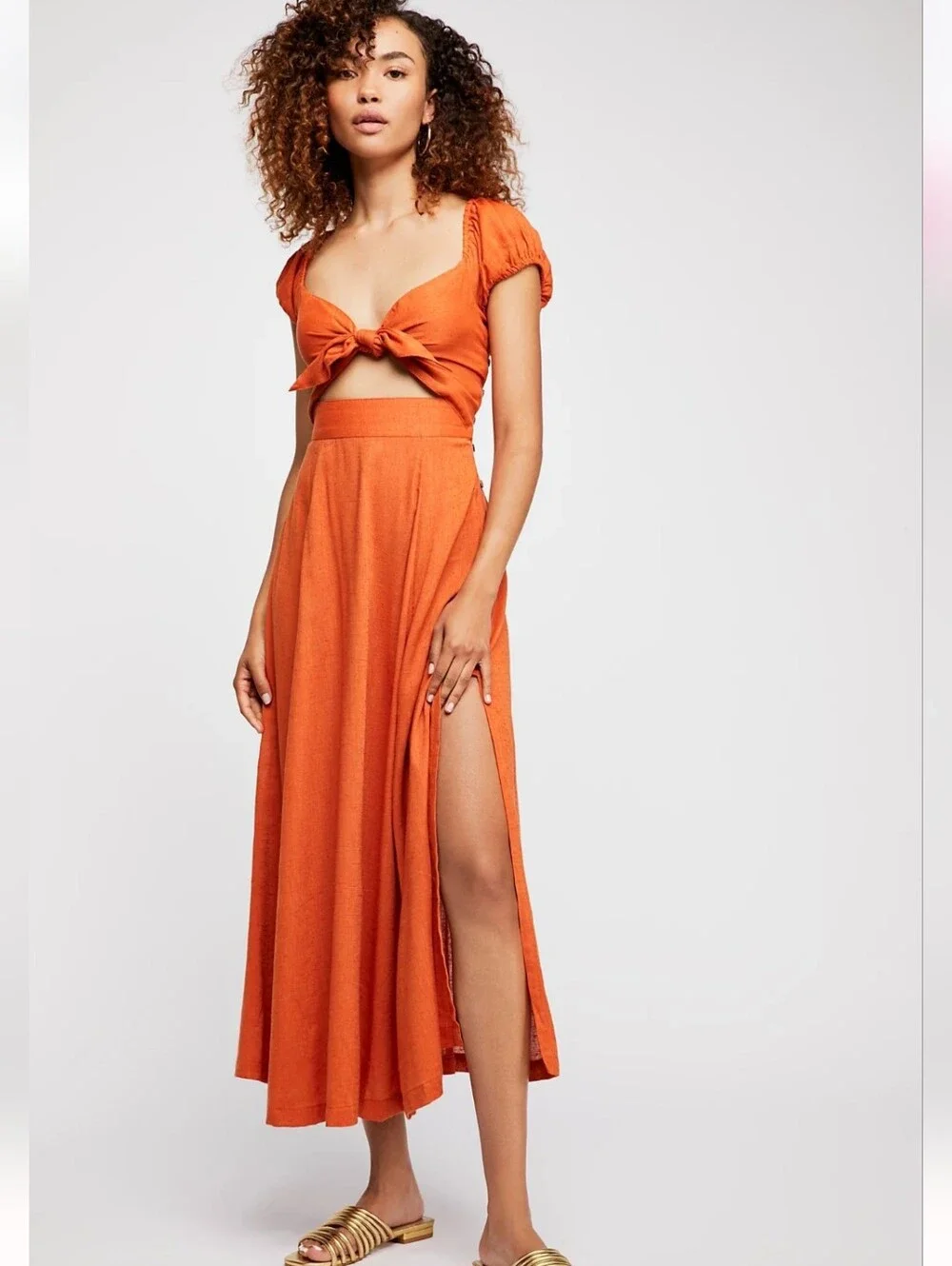 Free People The Gateway Midi Dress Orange Medium Cutout Bow Sundress Beach Boho